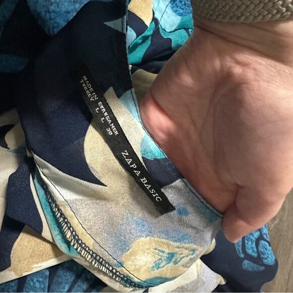 Zara Navy Blue & Blue Floral Print Fringe Cardigan Kimono Size L - Picture 6 of 9